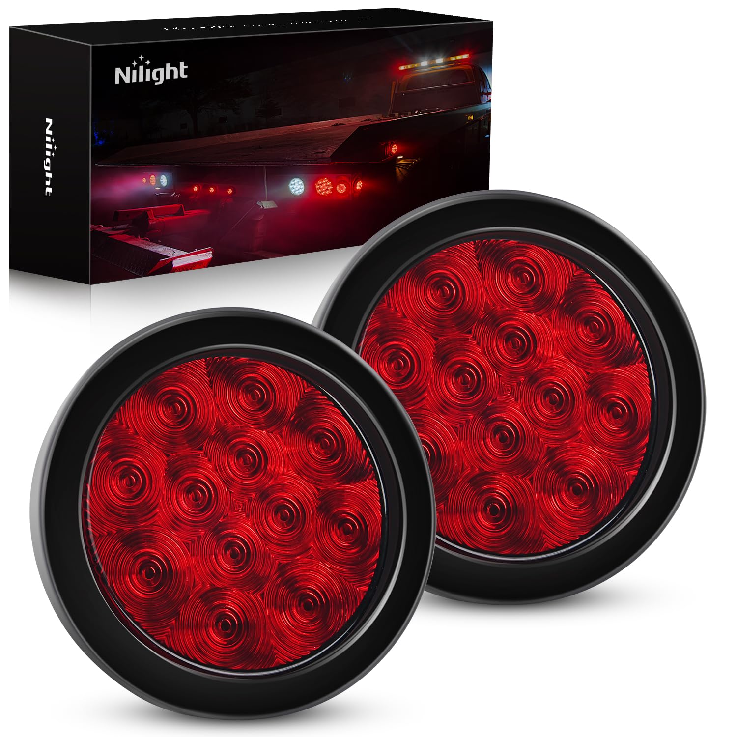 Nilight - Tl-18 2Pcs 4" Round Red Led Trailer Tail Lights W/Surface Mount Grommet Plugs Ip67 Stop Brake Turn Tail Lights For Truck Trailer Rv Jeep, 2 Years Warranty